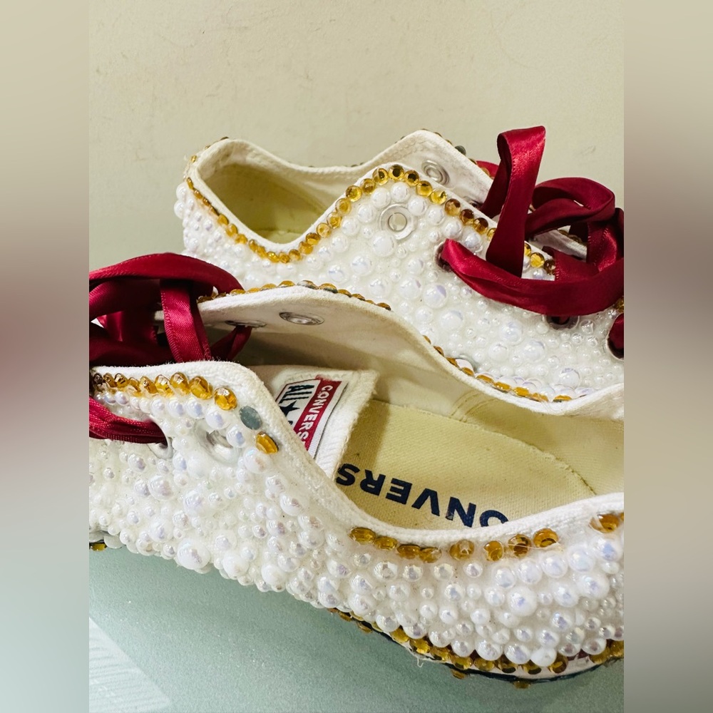 Converse CT All Star Ox Customized‎ Size 8 Pearl Sneakers Ribbon Laces Youth - Picture 8 of 10